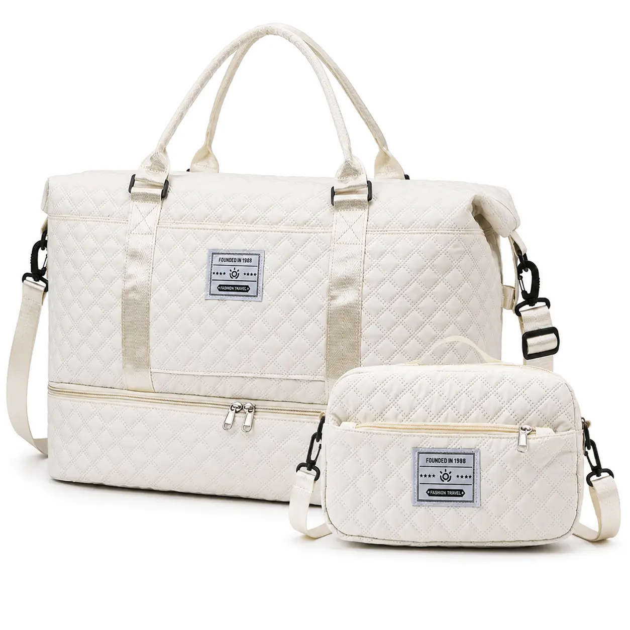 2Pcs Quilted Weekender Duffle Bag Set, Large White Carry On Travel Bag with Separate Shoe Compartment, Lightweight Overnight Gym Duffel with Mini Makeup Bag, Adjustable Shoulder Strap Bohemian Quilted Travel Luggage for Women