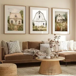 3pcs Wooden Frame Old House Canvas Print Set, Rustic Barn Art Poster, Modern Living Room Home Decor, Farmhouse Wall Art, Vintage Prints
