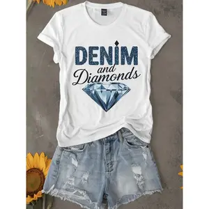 Denim And Diamonds Graphic Tee Women Casual Short Sleeve Crewneck Soft Stretch T Shirt Trendy Streetwear Summer Outfit Top For Jeans