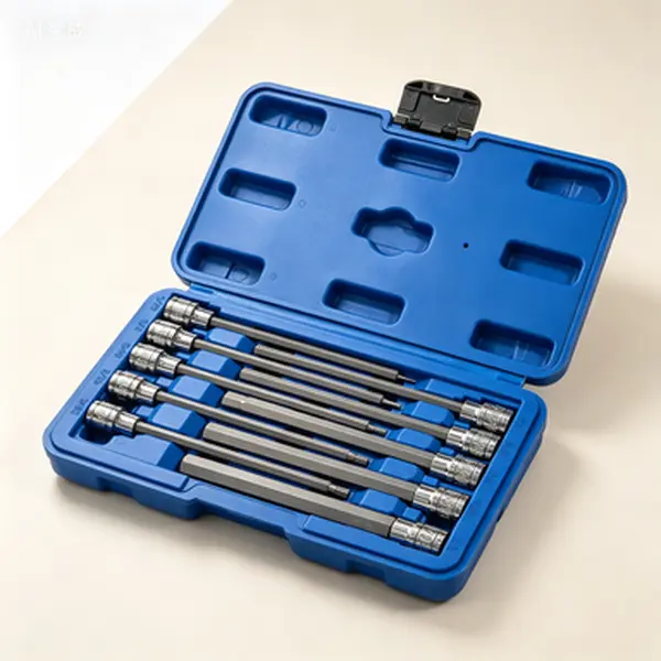 10-Piece Extra Long 3/8 in Drive Hex Bit Socket Set with Chamfer Ends, SAE 1/16-1/2 Inches, CR-V & S2 Steel Long Reach Allen Key Sockets for Recessed Areas, Professional Automotive Hand Tools, Cr-V Steel