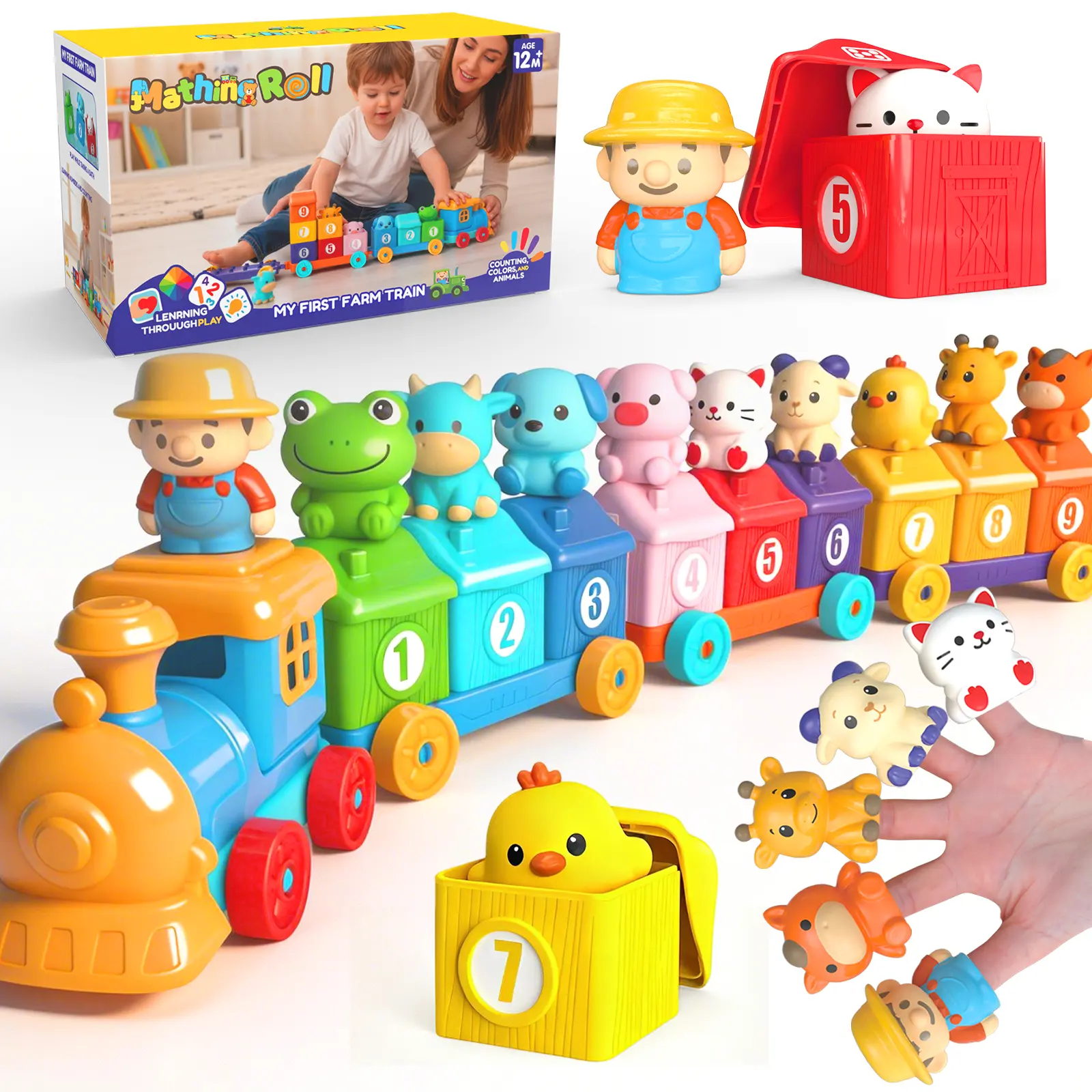 Toddler Learning Toys for 1 2 3 Year Old, Counting Matching & Sorting Montessori Train Set with 9 Farm Animals Finger Puppets, Birthday Gift for Baby Boys Girls