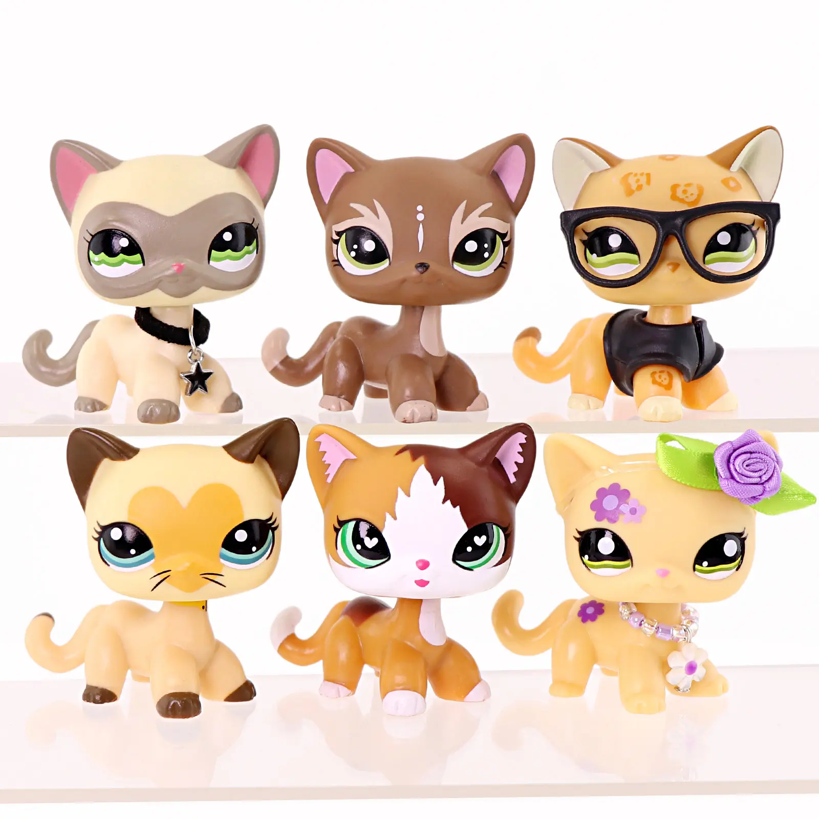 6 Pcs Cartoon Kitty Figurines Set, Mini Collectible Cat Figures with Glasses, Bow & Jewelry Accessories, Hand-Painted Pet Statues, Desktop Decor Gift for Hobby Collectors