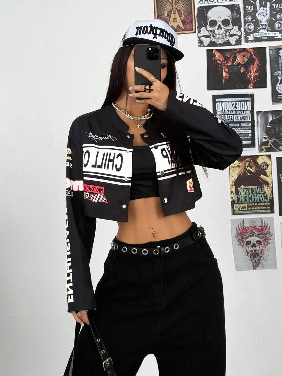 LUNA LAYER Womens Streetwear Motorcycle Letter Print Long Sleeve Cropped Bomber Jacket
