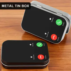 1Pc Smart Phone Interface Metal Tin Box with Hinged Lid - Funny Creative Small Storage Containers for Mints, Jewelry & Pills - Decorative Rectangular Tinplate Organizer, Unique Gift for Tech Lovers & Office Desk (Incoming Call Design)