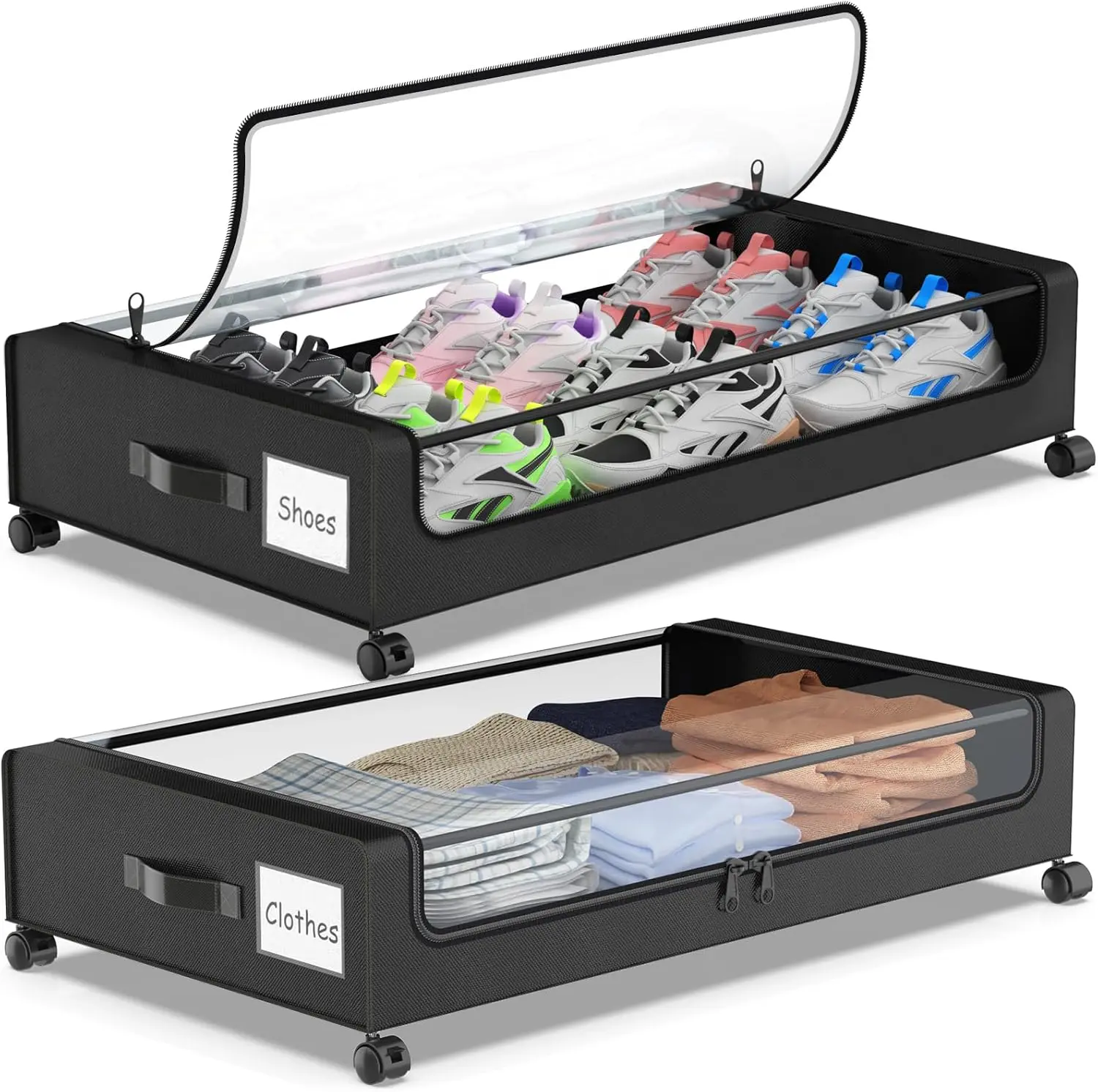 2-Pack Premium Storage Box, Rectangular Smooth Metal Underbed Storage Containers with Wheels, Transparent Window Lids, Double Load Home Bedroom Organizer for Clothes, Shoes