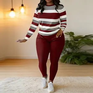 VVZ 2026 Women's Striped Casual Spring Autumn Round Neck Long Sleeve Top & Pants Set, Comfortable Two-Piece