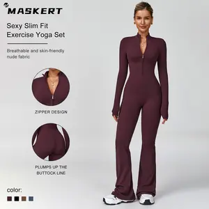 MASKERT Women's Long-Sleeved Stretchable Jumpsuit, Comfortable Skin-Friendly Activewear for Workout Gym, Sports Clothes, Workout Gym Clothing,