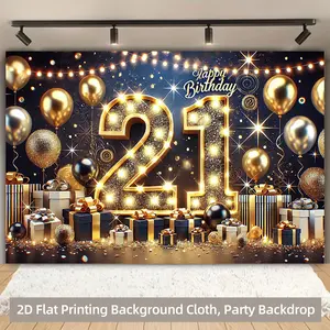 2D flat, 1pc, 21st birthday background banner with glowing number 21 and "Happy Birthday" text - black gold white party decoration with balloons and confetti - self luminous polyester fabric, suitable for photo booths, celebration events