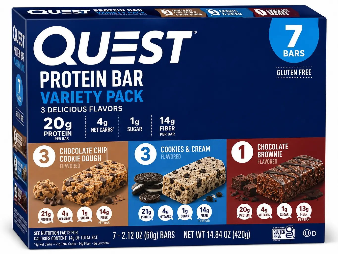 Quest Protein Bar Variety Pack, Gluten Free, 7 Count – Chocolate Chip Cookie Dough, Cookies & Cream & Chocolate Brownie