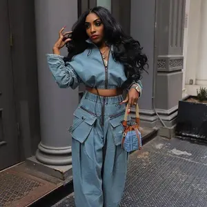 Retro Wide Leg Loose Denim Two-Piece Suit Women's Clothing Tops Fit 2 piece sets women summer 2 piece set vacation sets matching sets women loungesetwomen comfort sweat set curvy plus size clothes clearance going party set Outfit Blue Style Chic