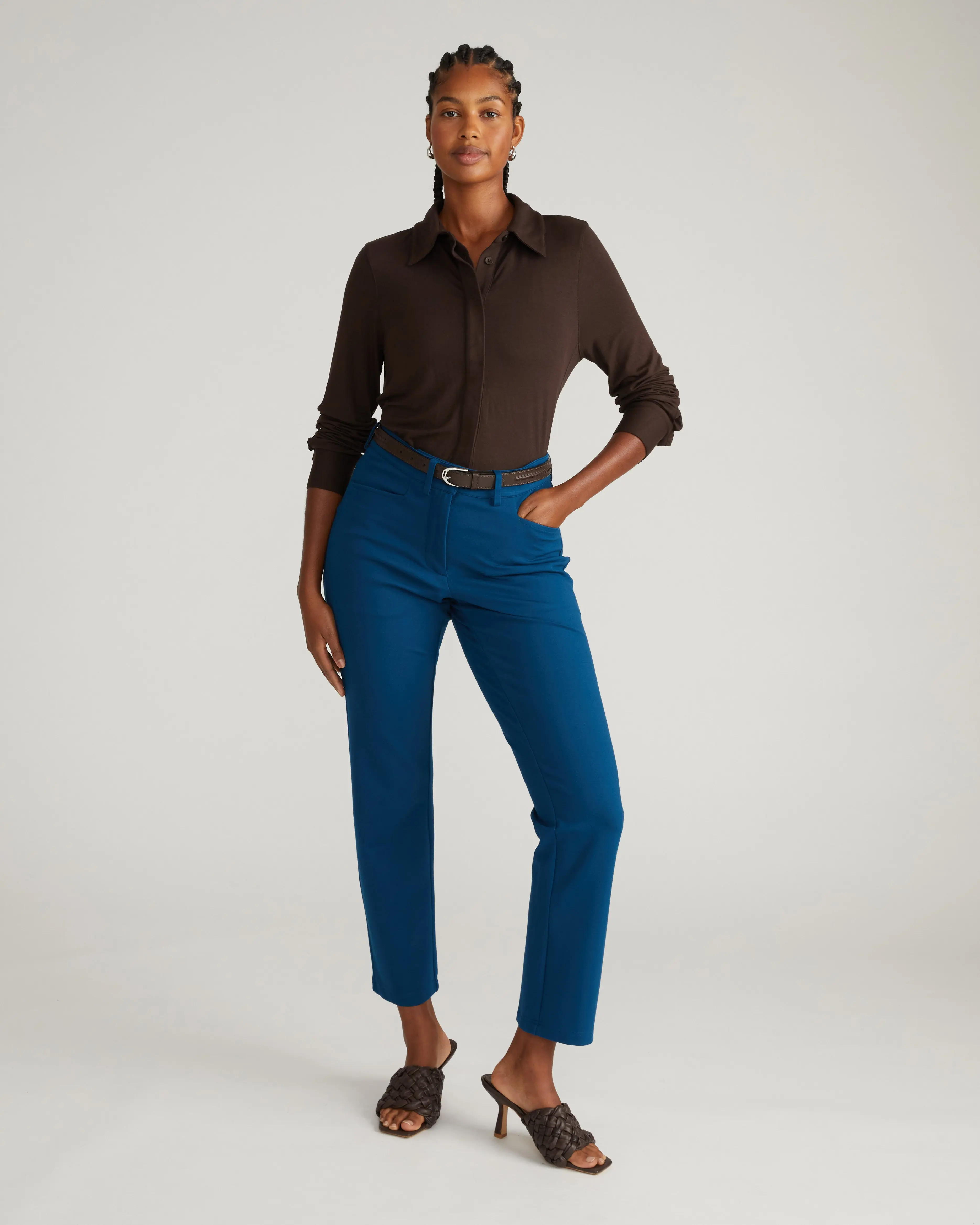Women's Deep Teal Long Cigarette Ponte Pants - Classic Cut, Leg-Flattering Basic Bottoms with Button Detailing, More Legroom, Versatile for Sweater Pairing, Work Pants