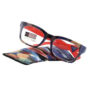 Jigsy, (Premium) Reading Glasses, High End Fashion Reader,+1.25 to +3 Magnifiers, (Blue, Orange) Stripes Square Frame. NY Fifth Avenue Clear Crystal