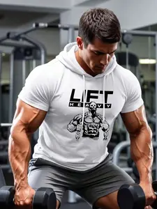 Men's "LIFT HEAVY" Printed Short‑Sleeve Hoodie – Breathable Fit, Ideal for Gym Workouts, Street‑Style Athleisure, Light Outdoor Activities & Daily Wear, Multi‑Purpose Athletic Top