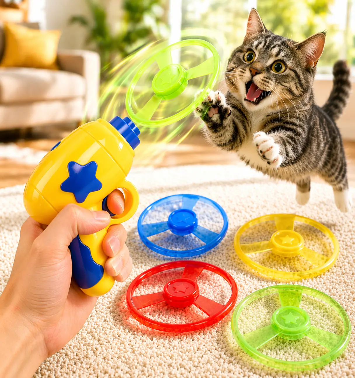 6Pcs Interactive Cat Toy Launcher, Flying Disc Cat Toy, One-Click Spinner Toy for Indoor Cats, Fun Exercise Pet Toy