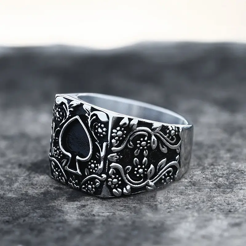 GTHIC Poker Theme Stainless Steel Spade Symbol Biker Ring - 17.5 g, Unisex, Eco-Friendly, Durable, Everyday Wear, Birthday Gift, Sizes 5-16, Men's Jewelry Accessory, Biker Look Rings