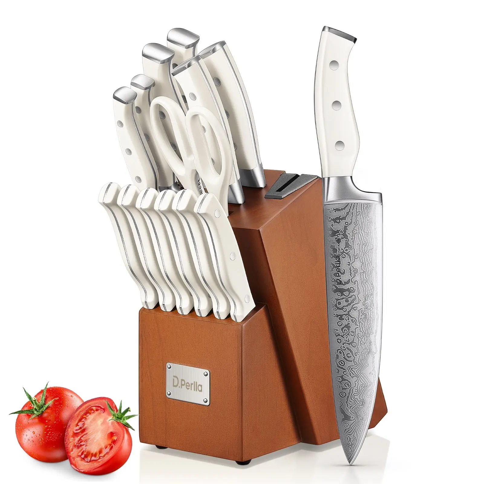 D.Perlla Knife Set, 14 PCS Stainless Steel Kitchen Knives Block Set with Built-in Sharpener, White