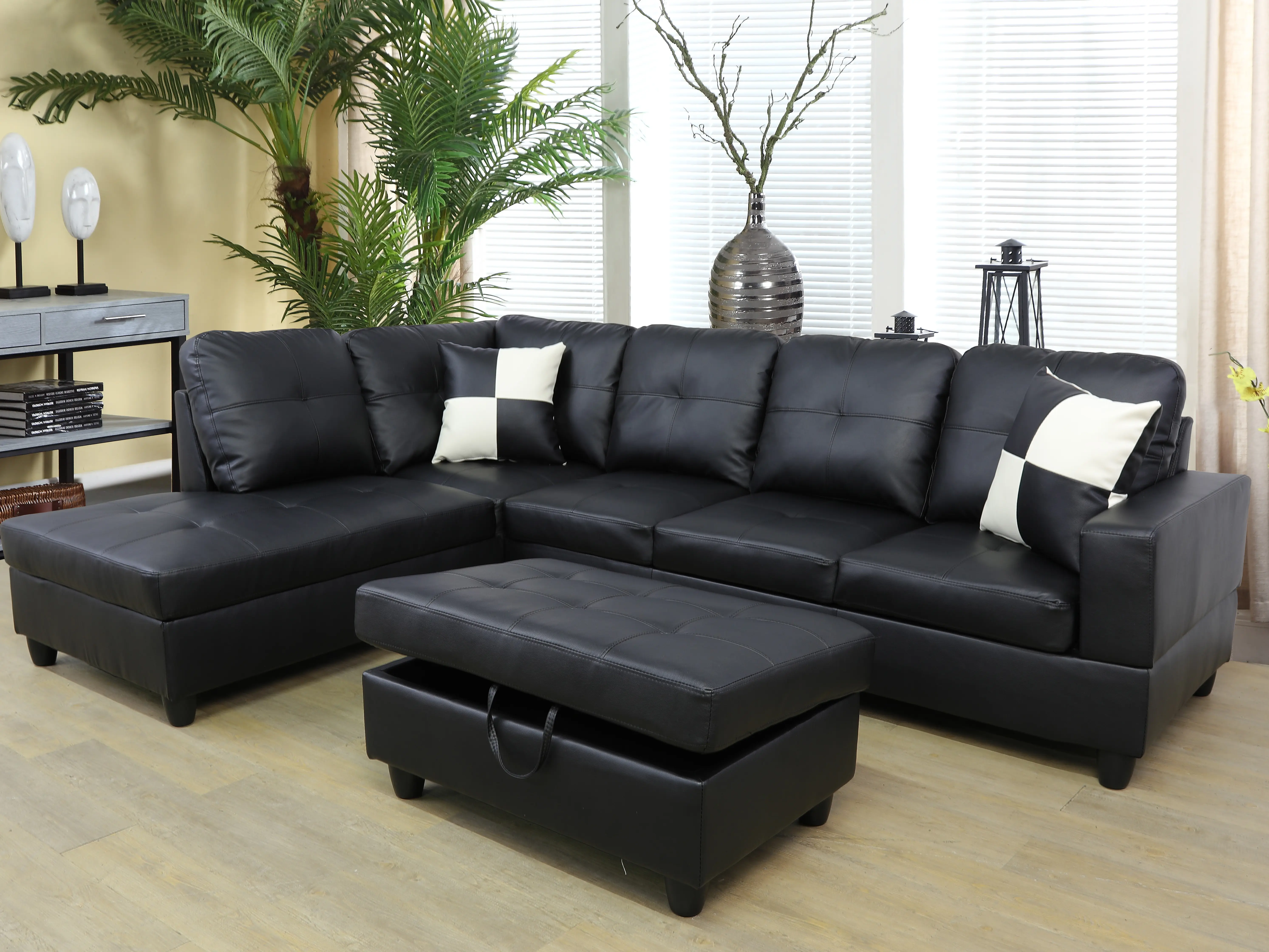 The Ultimate Family Hub 103.5" Faux Leather L-Shaped Sectional with Integrated Storage Ottoman & Tufted Design for Modern Living Room Comfort