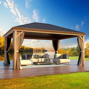 Outdoor Lawn Hardtop Gazebo - Faux Wood Grain Aluminum Frame Metal Pavilion with Galvanized Steel Roof & Netting Curtain