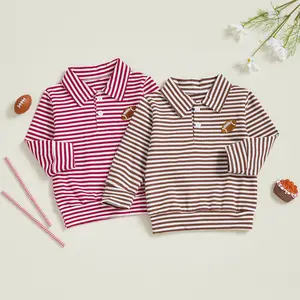 Infant Toddler Baby Boy Sweatshirt Football Embroidery Stripe Long Sleeve Lapel Button Front Pullover Loose Fall Tops