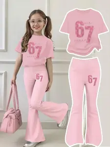 Spring Summer Girls' Casual Fashion Set, 2-Piece, Short Sleeve T-Shirt + Bell Bottoms, Perfect for Festivals and Parties, Graphic Print Set