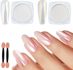 2 Jars Chrome Nail Powder White and Gold Pearl,Iridescent Aurora Powder Metallic Mirror Effect Pigment Pearlescent Mermaid Pearl Glitter Dust Kit (White and Gold)