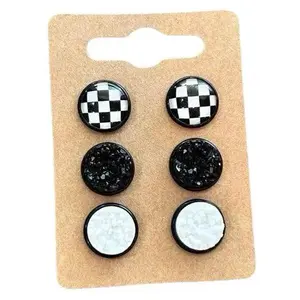 Checkered Studs Earrings Set for Women - 12mm Black and White Druzy Cabochon Earrings woman jewelry trendy ear pierced
