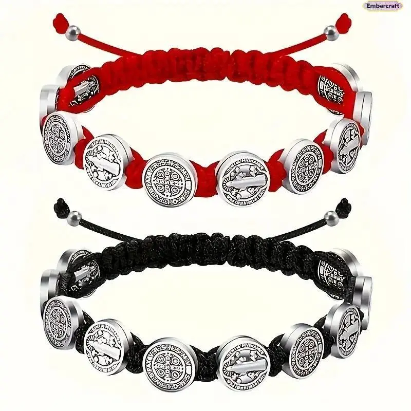 Unisex Beads Handwoven Bracelet 2-Piece Set, Catholic Religious Jewelry with St. Benedict Medal, Virgin Mary Charm, Arm Candy Accessories for Daily Wear, Two Piece Set, Bracelet Set