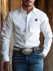 Men's Western Style Simple Shirt, Chest Horse Pattern, Slim Fit, Casual Fitted Collared, Casual & Commuting Wear, Ideal for Stylish Men