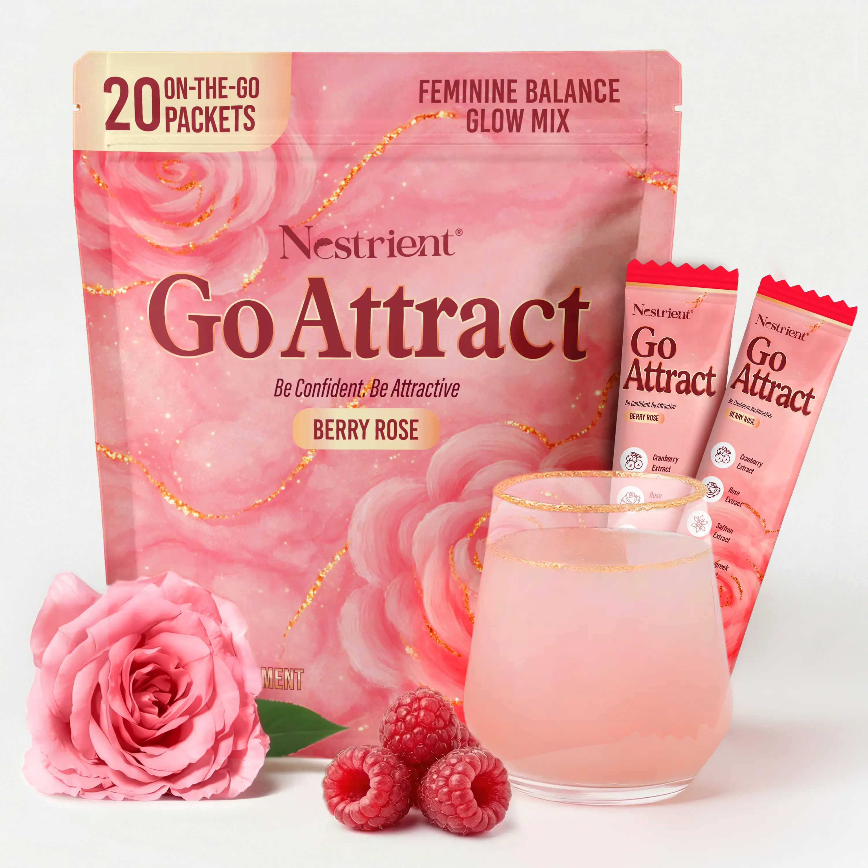 Nestrient Go Attract Premium Women’s Natural Probiotic Powder Drink Mix - Gut Health Supplement, Probiotic Blend Supplement, Sugar-Free, Gluten-Free, Vegan, Advanced Botanical Extracts for Digestive Health, Immune Support, 20 Sticks (200g), Berry Rose