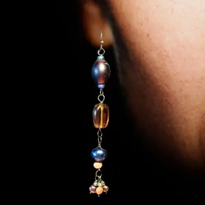 Jewelry Designs by Brandy Frazier Handmade Beaded Wire Earrings with Rich Bronze Colored Findings, Brown Matte & Topaz Beads, and Black Fresh Water Pearls