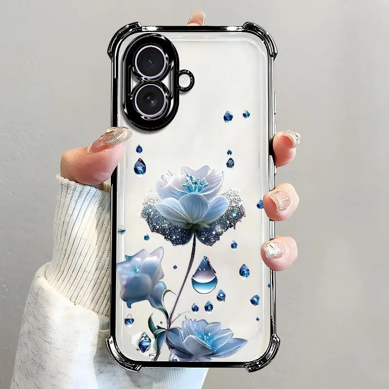 For [iPhone 17] luxury women's phone case🥰, electroplated four-corner shockproof protection, crystal clear blue flower with water drop design, sophisticated and eye-catching666