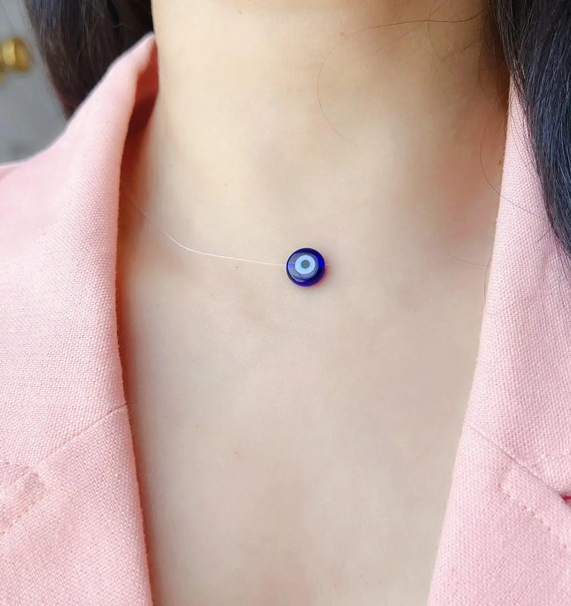 Blue Evil Eye Necklace, Dainty Nylon Choker, Adjustable Invisible Evil Eye Necklace, 14–16 inch Stainless Steel Clasp Blue Pendant Lampwork Pendant