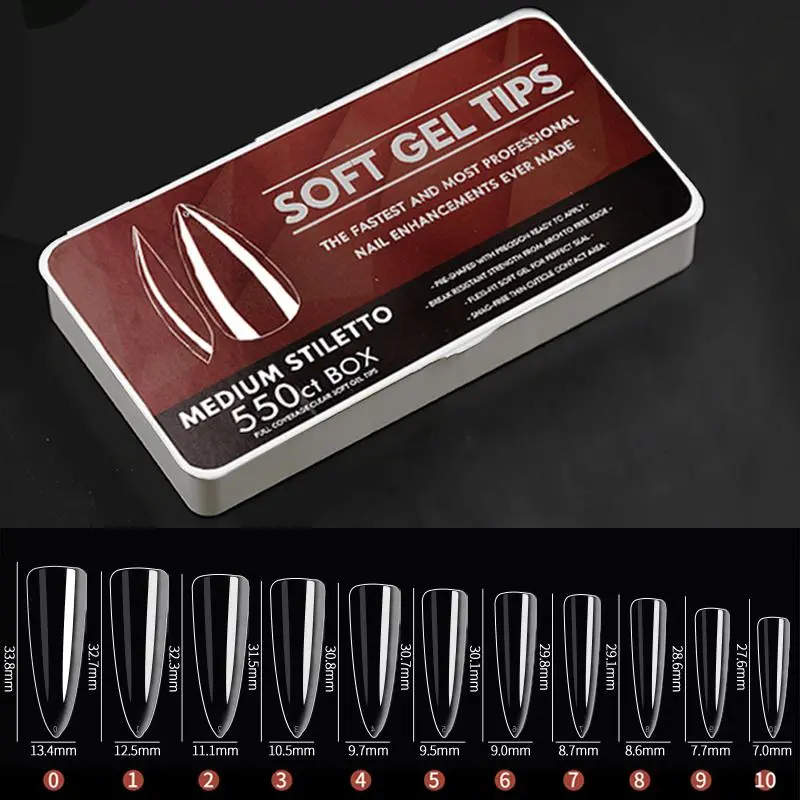 120/550pcs Medium Stiletto Soft Gel Full Cover Nail Tips Gel Nail Extensions False Nail Artificial Fake Nails Set Salons 11 Size