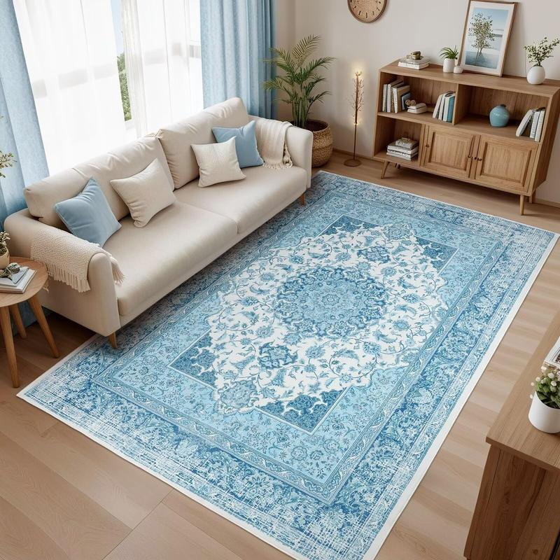 Non-Slip Washable Faux Wool Vintage Boho Rug, Retro Distressed Medallion Carpet 5x7 6x9 ft, Red/Blue Low Pile Soft Mat for Entryway Kitchen Traditional Interiors