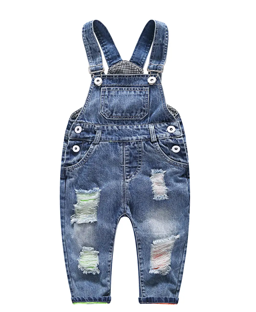 12M-5T Boy&Girl Twin Color Lining Ripped Denim Overalls
