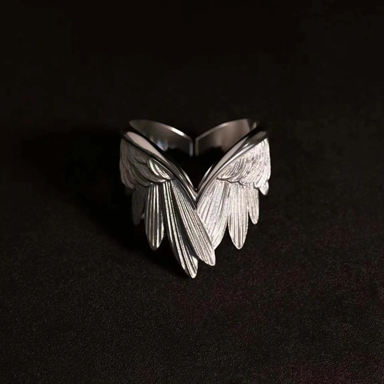 Minimalistic Angel Wing Statement Ring, Unisex Matte Brushed Finish, Adjustable Open Band for Daily Wear - Thoughtful Gift, Fashionable Jewelry, Casual, Angel Wings, Feather Detail Art