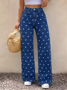Spring Summer New Denim Jeans Heart Print Elastic High Waist Wide Leg Pants, Casual Loose Fit Women's Jeans for All Seasons, Denim Trousers