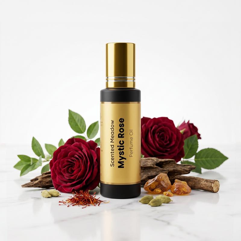 Scented Meadow Mystic Rose – Saffron-Spiced Damask Rose & Amber Wood Luxury Concentrated Perfume Oil for Men – Long Lasting Alcohol-Free Roll-On
