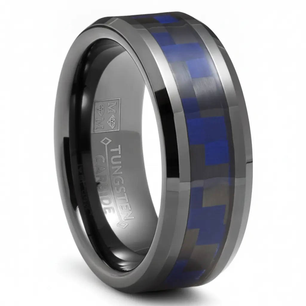Mens Gunmetal Tungsten Carbide Ring Black Blue Carbon Fiber Inlay Wedding Band 8MM, Wedding Promise Rings, Statement Multi Ring