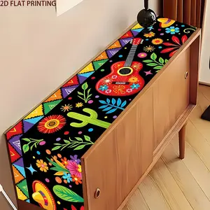 1 piece of 2D tablecloth, guitar straw hat and flowers form a picture linen rectangular table flag, suitable for dining tables, coffee tables, anniversary weddings, home decoration, bright cultural decoration in kitchens, parties, and festivals