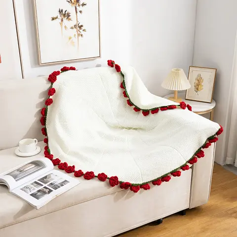 Cozy Handmade Crochet Throw Blanket - Soft Floral Forever Rose Bouquet Design, Plush Texture, Picnic-Ready Camping Sleeping Gear, Romantic Gift for Women (Valentine's Day, Birthday)