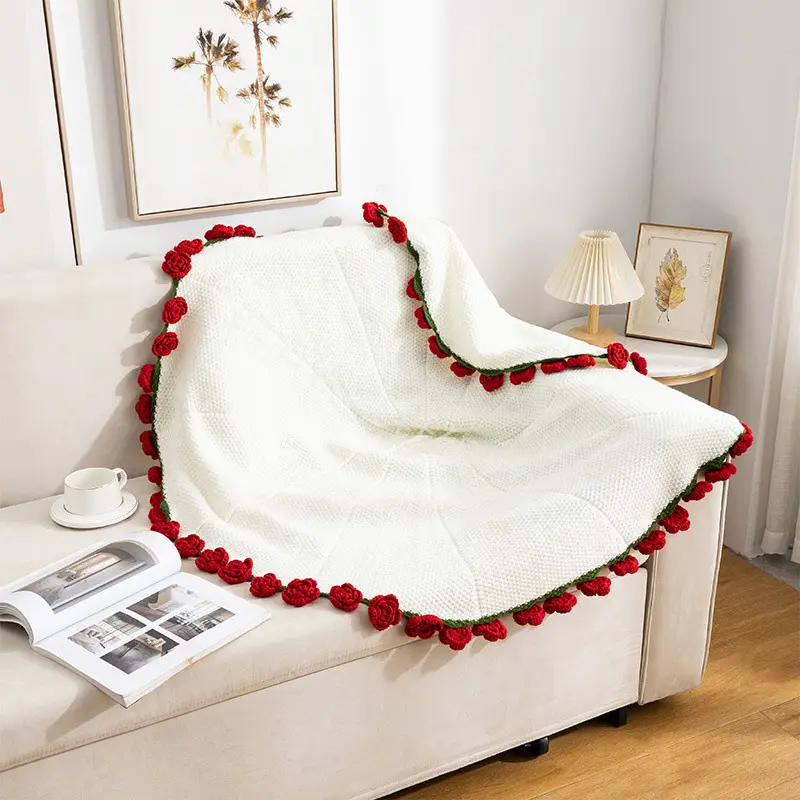 Crochet Flower Valentine‘s Day Gift Bouquet Handmade Knitted Blanket with Rose Flowers Throw Blanket Cute Romantic Gift for Her Girlfriend Mom Mother’s Day Wedding Anniversary Birthday Christmas Gift Artistic Charm Cozy