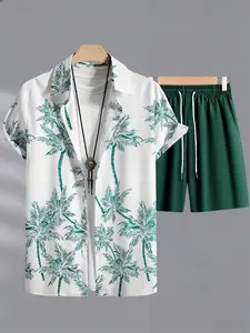 Men's Summer Hawaiian Style Tropical Print Plant Short Sleeve Shirt Set, Coconut Tree Pattern Shirt + Casual Comfort Shorts Matching Two-Piece Set, Summer Clothing Set, Summer Outfit Set