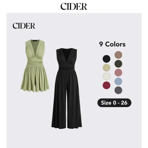 Cider Women's Sleeveless V-Neck Ruched Solid Wide-Leg Overalls with Pocket, Stretchy All-Seasons Built-In Romper Pants, Casual Jumpsuit, No
