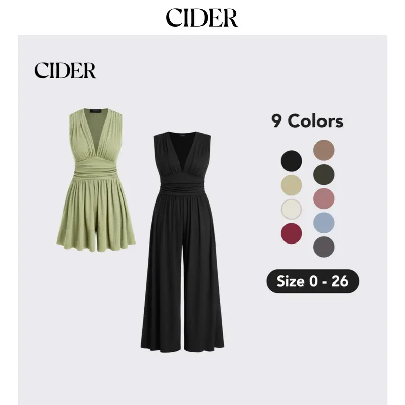 Cider Women's Sleeveless V-Neck Ruched Solid Wide-Leg Overalls with Pocket, Stretchy All-Seasons Built-In Romper Pants, Casual Jumpsuit, No