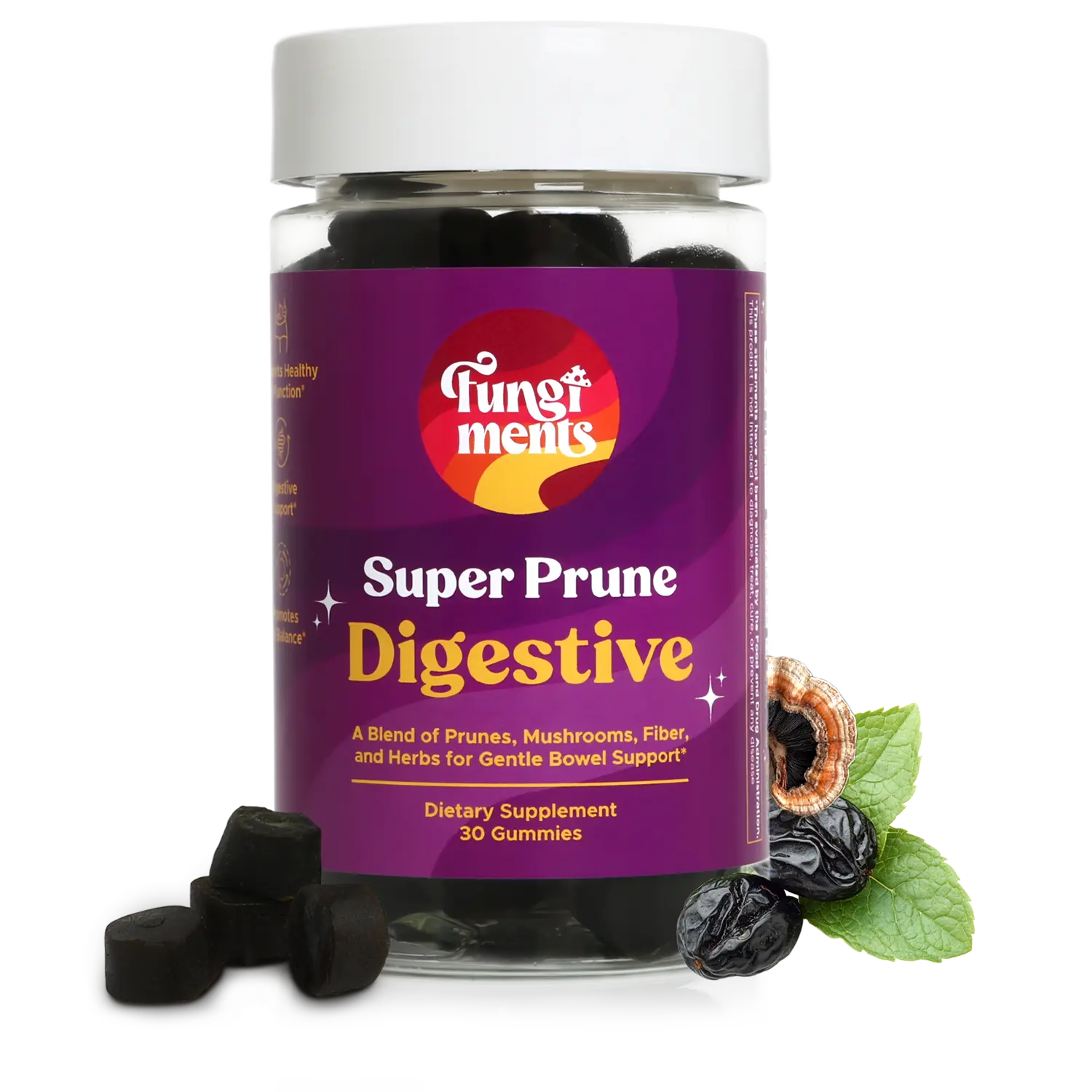 Fungiments Super Prune - Debloating, Constipation Relief, Fiber, Rhubarb, Prunes, Ginger, Chamomile - 30 ct
