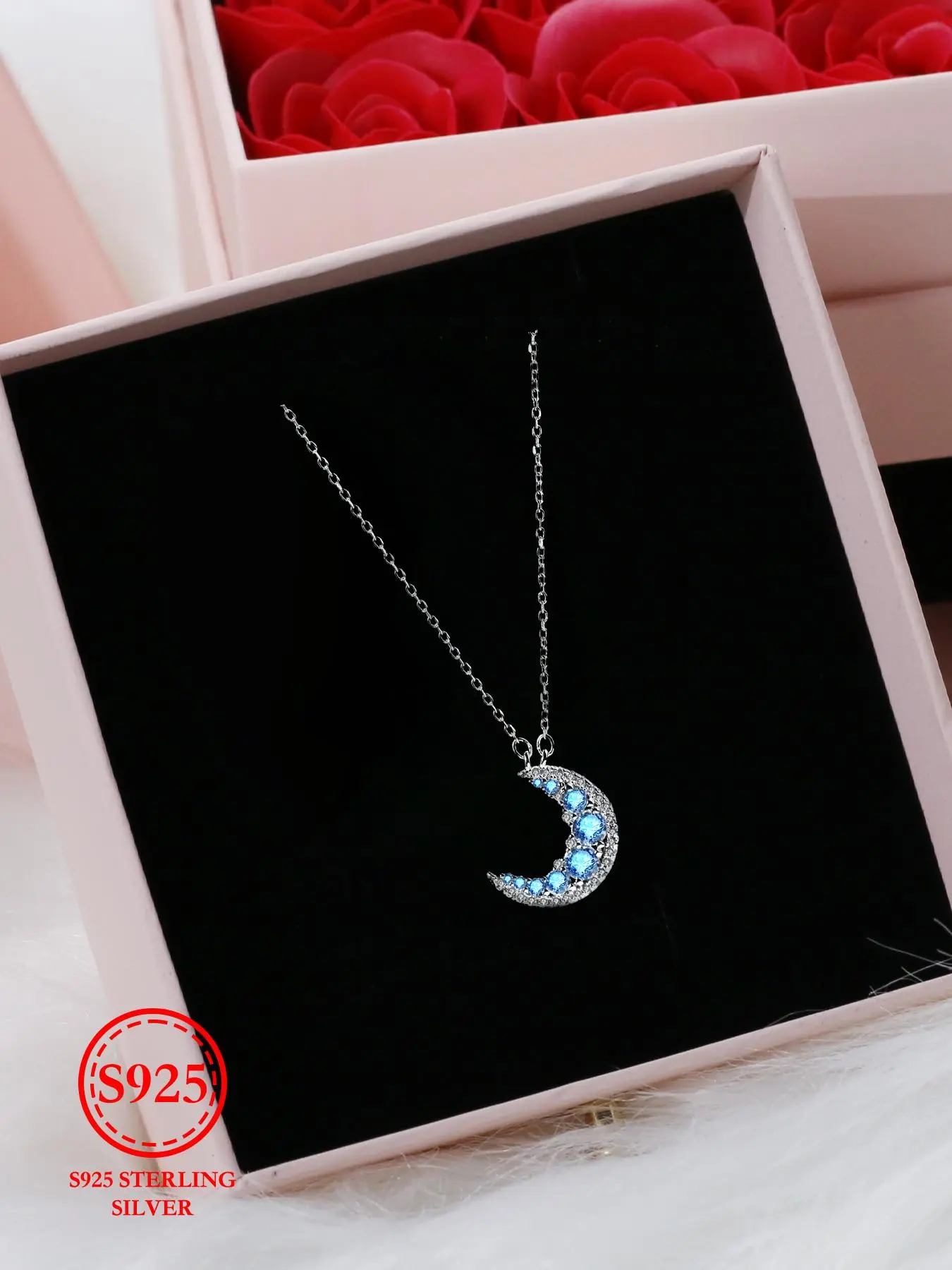 S925 Sterling Silver Moon Design Pendant Necklace, Fashion Rhinestone ...