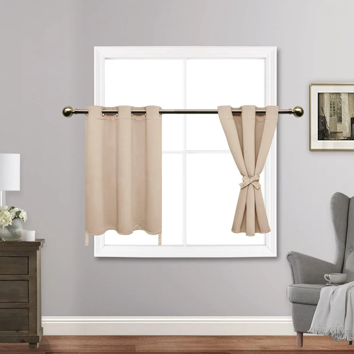 Beige Blackout Curtains with Tiebacks - Thermal Insulated, Light Blocking and Noise Reducing Grommet Curtains for Bedroom and Living Room, Set of 2 Window Curtain Panels, 34 x 24 Inch Length