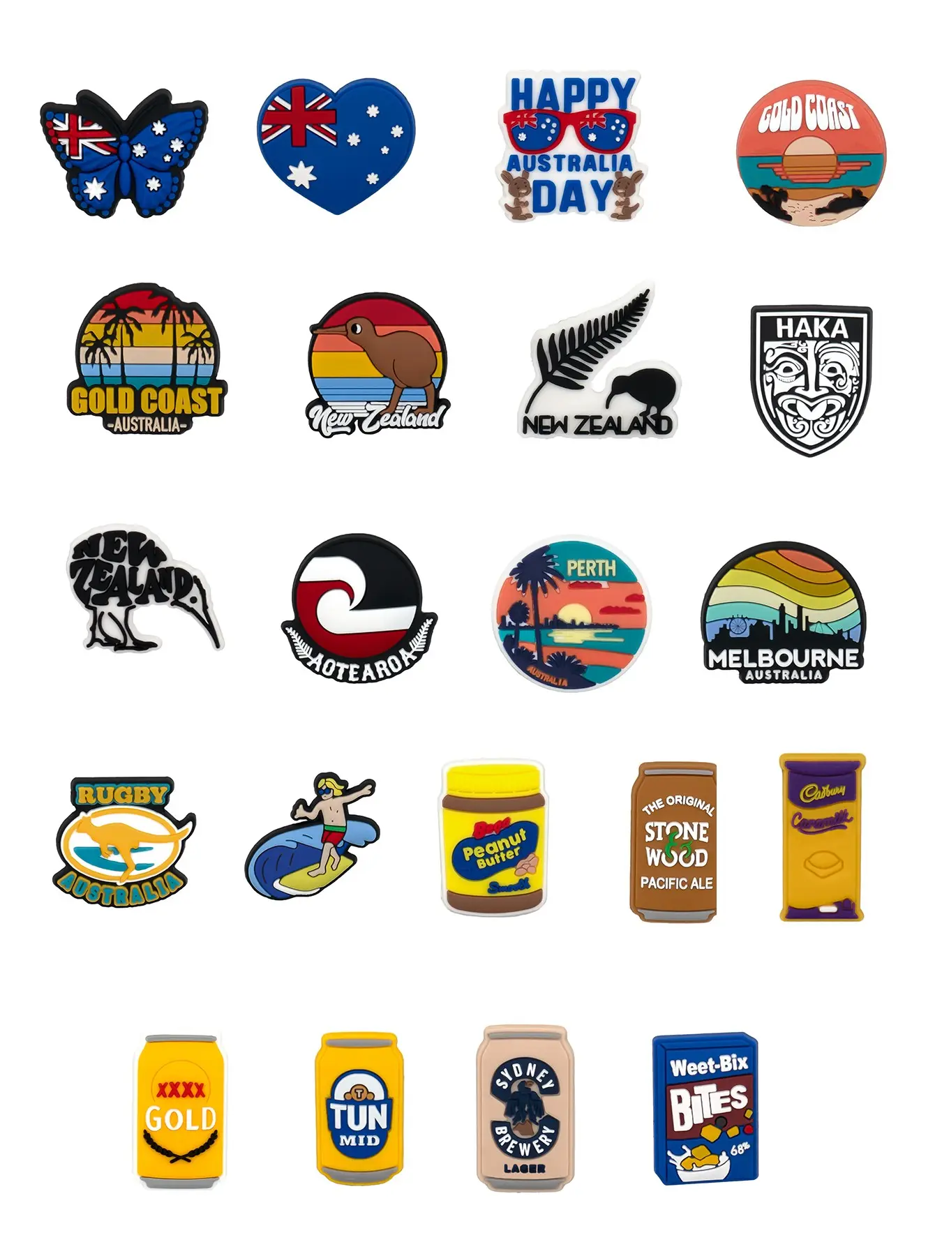 21 Piece Australia New Zealand Gold Coast Kangaroo Rugby PVC Shoe Charms, Unisex Accessories, Unique Fashion Gift, All Seasons