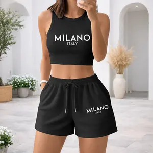 Women's Casual Two-Piece Set Featuring Milano Letter Print—Comprising A Sleeveless Cropped Tank Top And Shorts. Crafted From Soft, Stretchy Fabric, This Summer Outfit Is Perfect For Both Vacation Getaways And Relaxed Home Wear